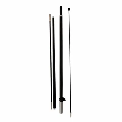 A set of disassembled black and silver flagpole components arranged vertically on a white background.