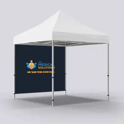 A promotional canopy tent with branding for 'Medical Solutions', standing in a neutral space, presumably for an event or trade show.