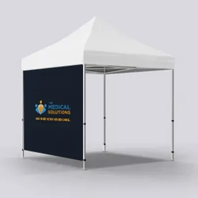 A custom-branded event tent with 'MEDICAL SOLUTIONS' and a medical emblem printed on its sidewall, positioned against a plain background.