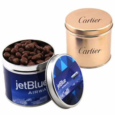 Round Tin with Choc Covered Raisins - Bottle Openers Now