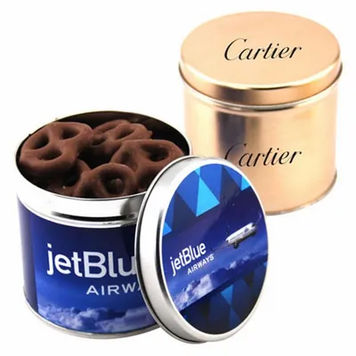 Round Tin with Choc Covered Pretzels - Bottle Openers Now