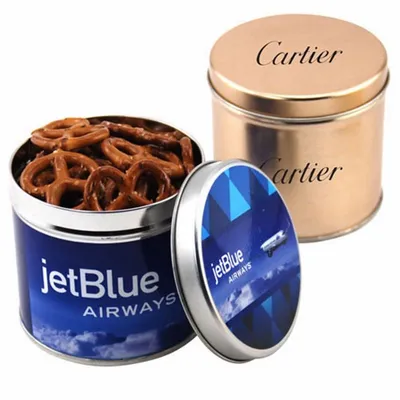 Round Tin with Mini Pretzels - Bottle Openers Now