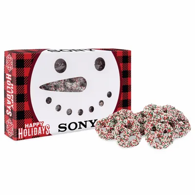 Snowman Die Cut Box with Milk Chocolate Christmas Mini Pretzels - Bottle Openers Now