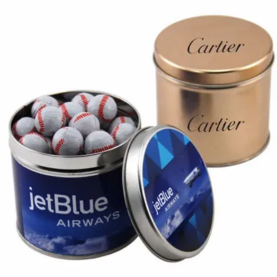 Round Tin with Chocolate Baseballs - SBF4100 - Bottle Openers Now