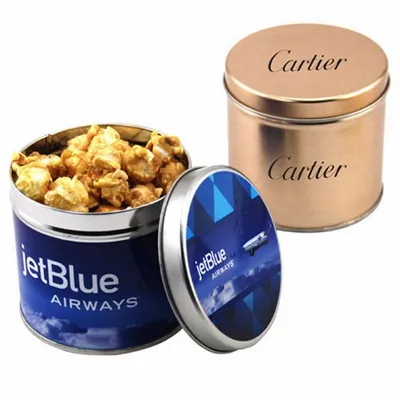 Round Tin with Caramel Popcorn - Bottle Openers Now