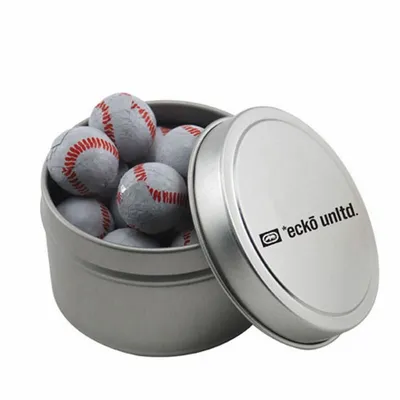 Round Tin with Chocolate Baseballs - SBF3100 - Bottle Openers Now