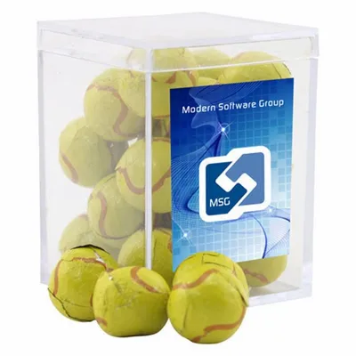 Acrylic Box with Chocolate Tennis Balls - Small - Bottle Openers Now