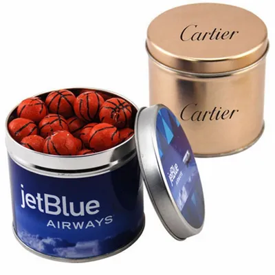 Round Tin with Chocolate Basketballs - SBF4100 - Bottle Openers Now