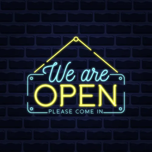 We Are Open Blue and Yellow Neon Sign - Bottle Openers Now