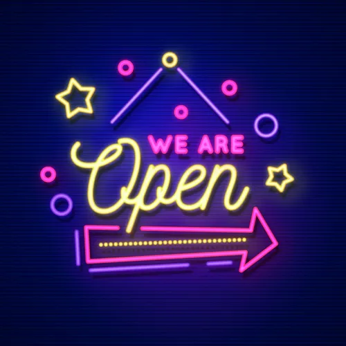 We Are Open Hanging Neon Sign - Bottle Openers Now
