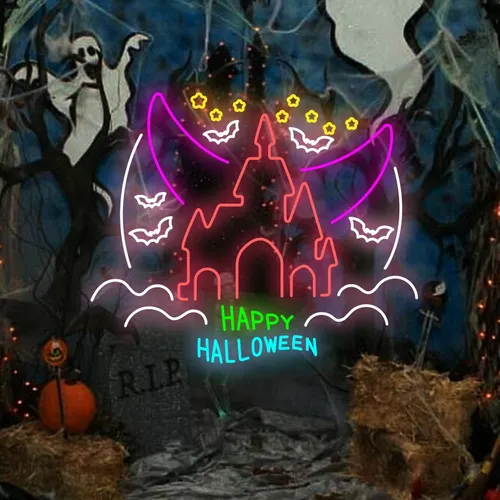 Happy Halloween Castle Neon Sign - Bottle Openers Now