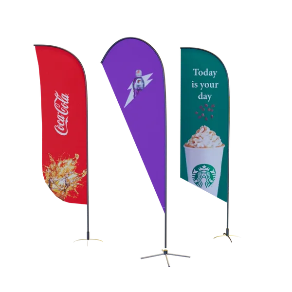Three vertical promotional banners stand side by side, displaying different brand logos and designs on a plain background. The banners are commonly used for marketing at events or locations.