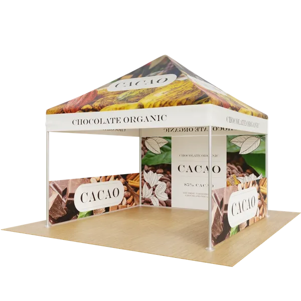 Custom-branded trade show booth depicting cacao themes, designed to advertise chocolate products, with images of cacao beans and chocolate bars, including text such as 'CHOCOLATE ORGANIC' and 'CACAO.'