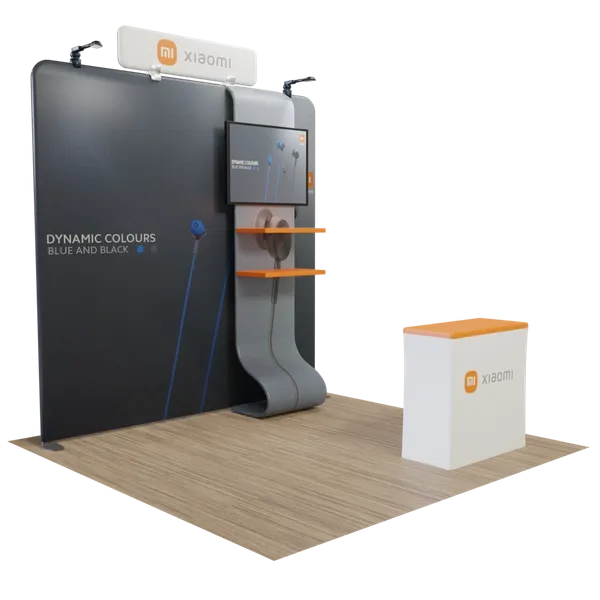 A promotional display stand for Xiaomi featuring dynamic blue and black colors, with shelves and product information, set against a neutral background.