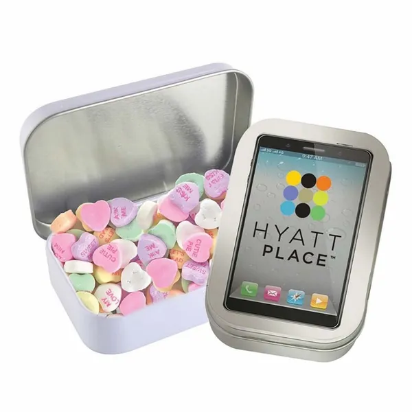 Rectangular Tin - Imprinted Conversation Hearts - Bottle Openers Now