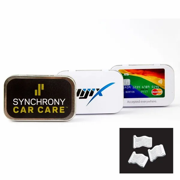 Rectangular Tin with American Flag Shaped Mints - Bottle Openers Now
