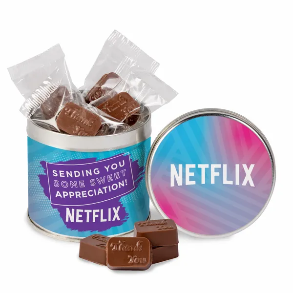 Round Tin with Molded Chocolates - Bottle Openers Now