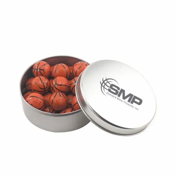 Round Tin with Chocolate Basketballs - SBF3000 - Bottle Openers Now