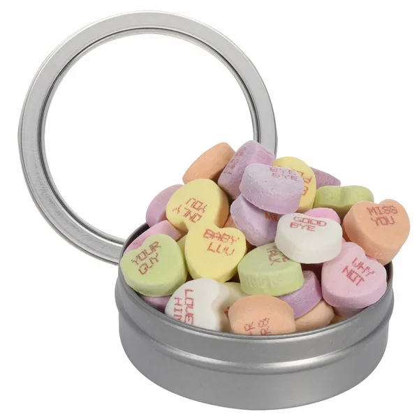 Short Round Tin with Conversation Hearts - Bottle Openers Now